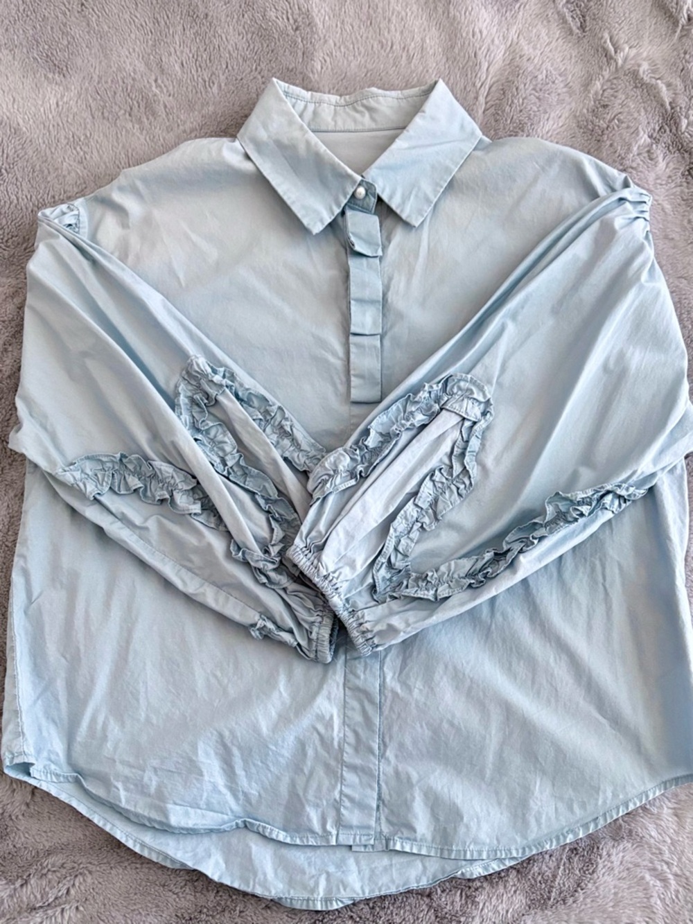 Muted Blue Drop Shoulder Balloon Sleeve Button Down Shirt
